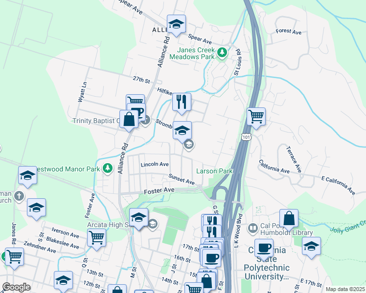 map of restaurants, bars, coffee shops, grocery stores, and more near 2400 Baldwin Street in Arcata