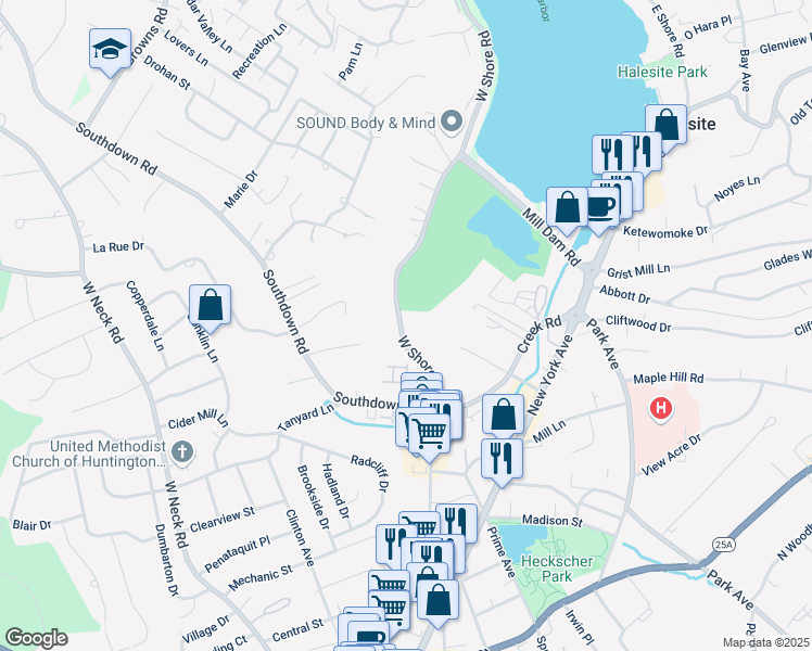 map of restaurants, bars, coffee shops, grocery stores, and more near 44 West Shore Road in Halesite