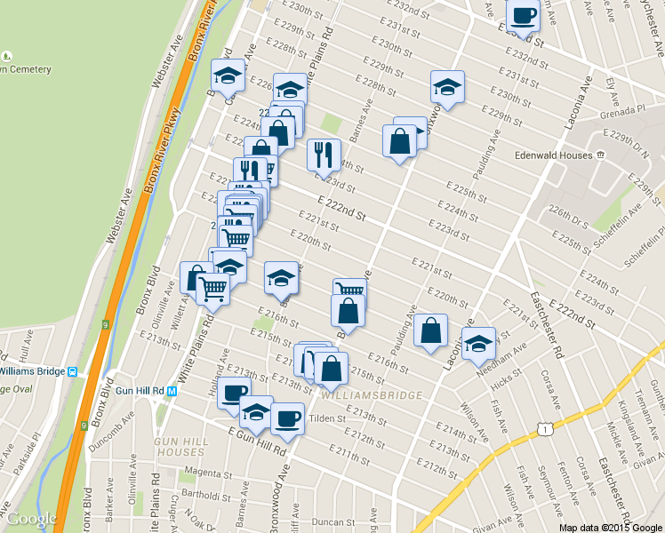 map of restaurants, bars, coffee shops, grocery stores, and more near 837 East 219th Street in Bronx