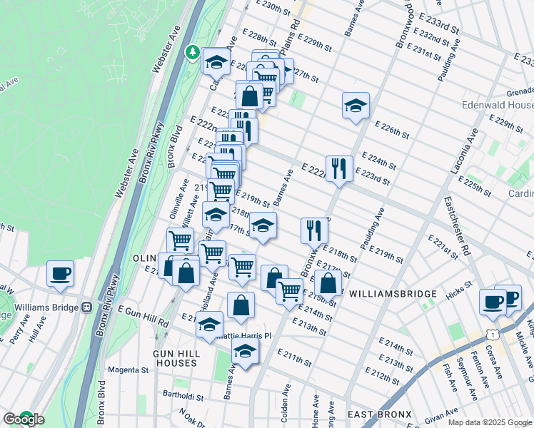 map of restaurants, bars, coffee shops, grocery stores, and more near 3768 Barnes Avenue in Bronx