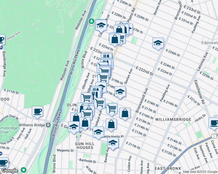 map of restaurants, bars, coffee shops, grocery stores, and more near 3738 White Plains Road in Bronx