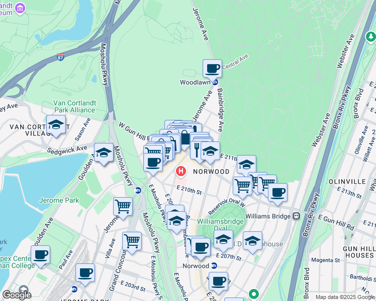 map of restaurants, bars, coffee shops, grocery stores, and more near in The Bronx