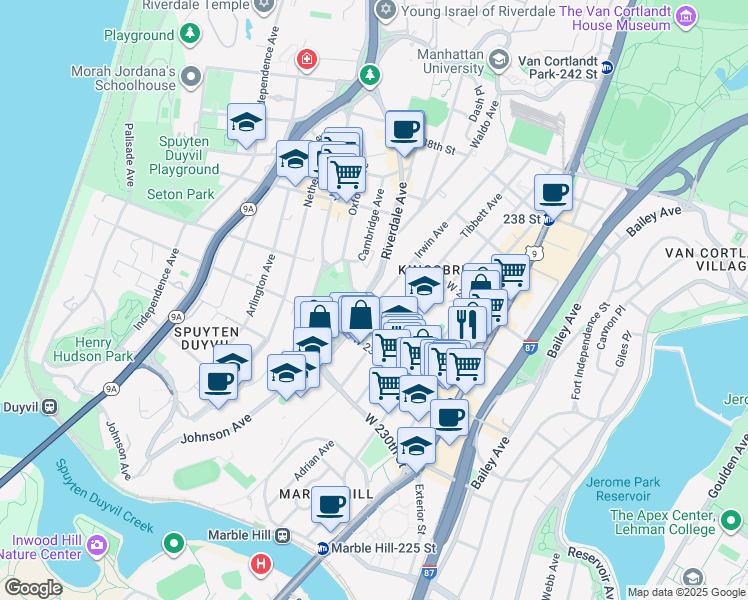 map of restaurants, bars, coffee shops, grocery stores, and more near 3210 Irwin Avenue in Bronx