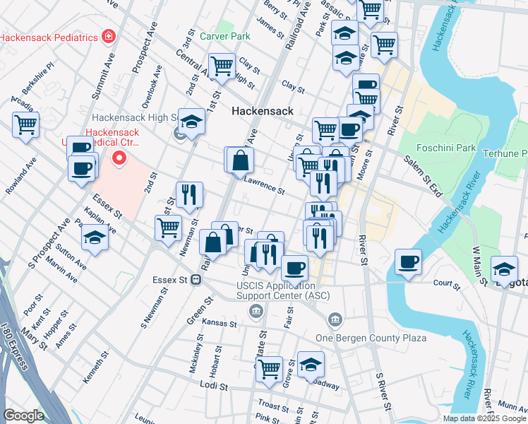 map of restaurants, bars, coffee shops, grocery stores, and more near 129 Union Street in Hackensack