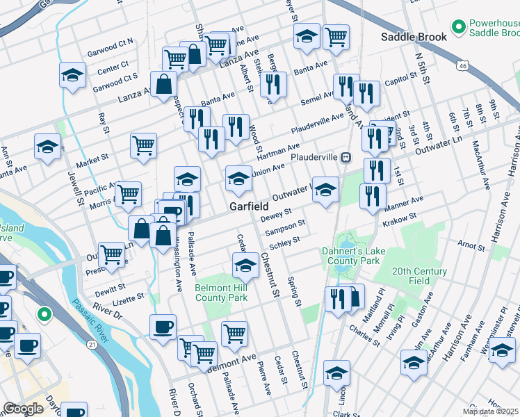 map of restaurants, bars, coffee shops, grocery stores, and more near 248 Outwater Lane in Garfield