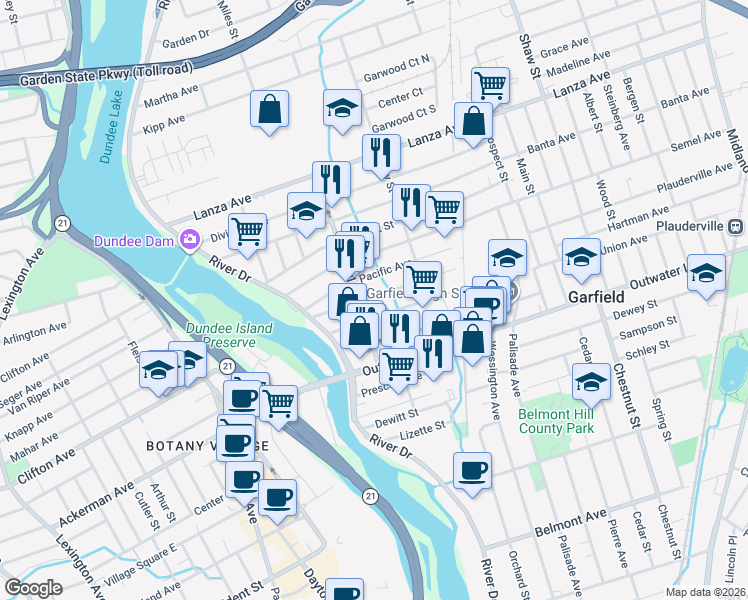 map of restaurants, bars, coffee shops, grocery stores, and more near 66 Morris Avenue in Garfield