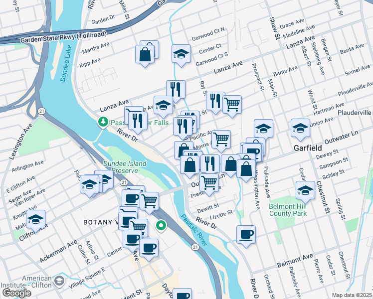 map of restaurants, bars, coffee shops, grocery stores, and more near 65 Jewell Street in Garfield