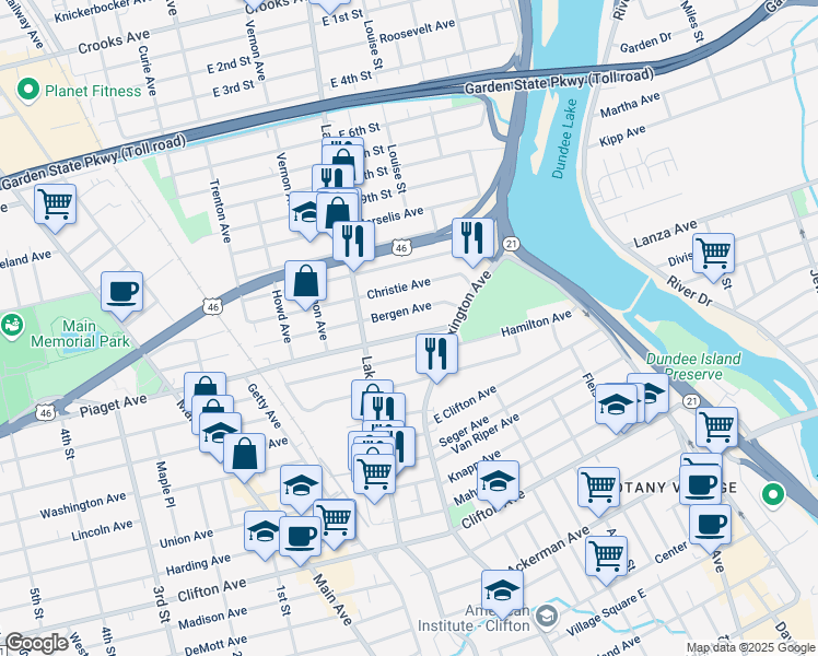 map of restaurants, bars, coffee shops, grocery stores, and more near 49 Bergen Avenue in Clifton