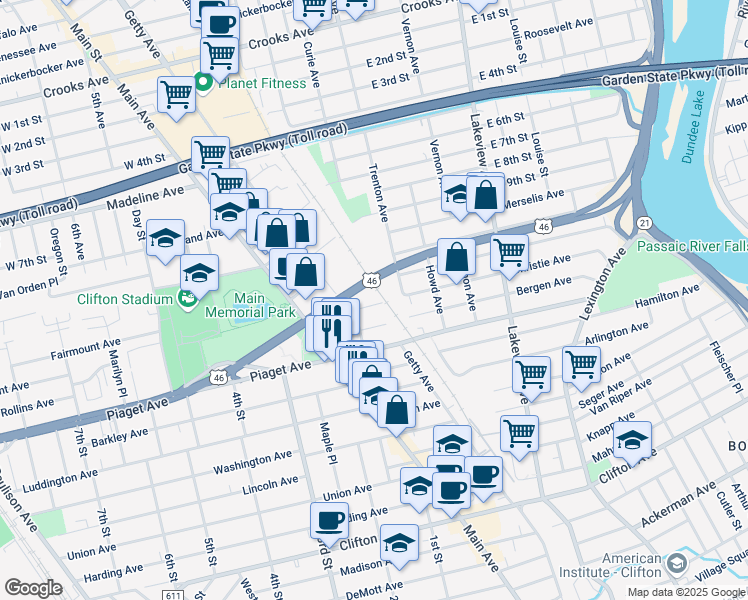 map of restaurants, bars, coffee shops, grocery stores, and more near 8 Sewall Avenue in Clifton