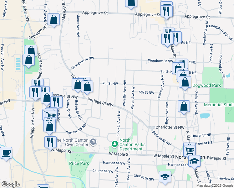 map of restaurants, bars, coffee shops, grocery stores, and more near 452 Emerson Avenue Northwest in North Canton