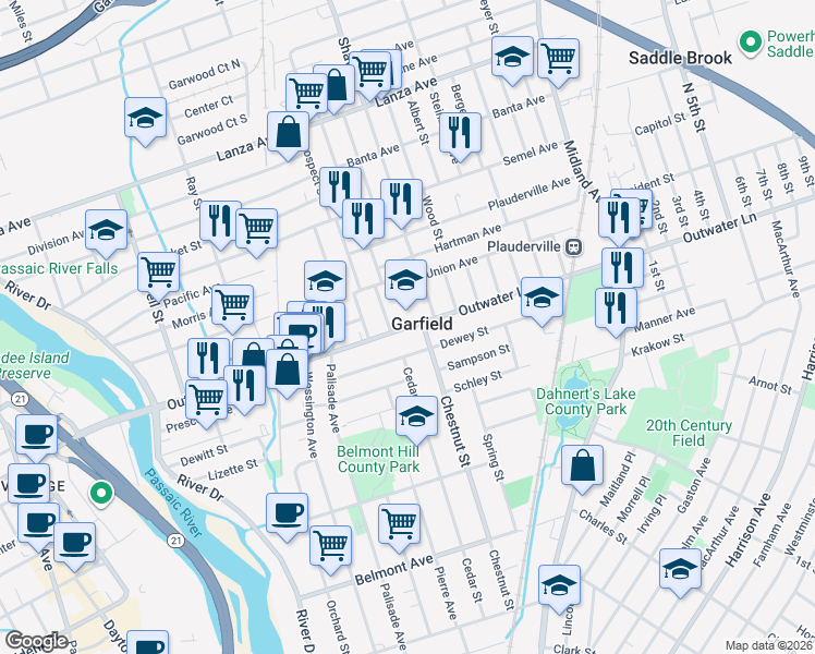 map of restaurants, bars, coffee shops, grocery stores, and more near 205 Outwater Lane in Garfield