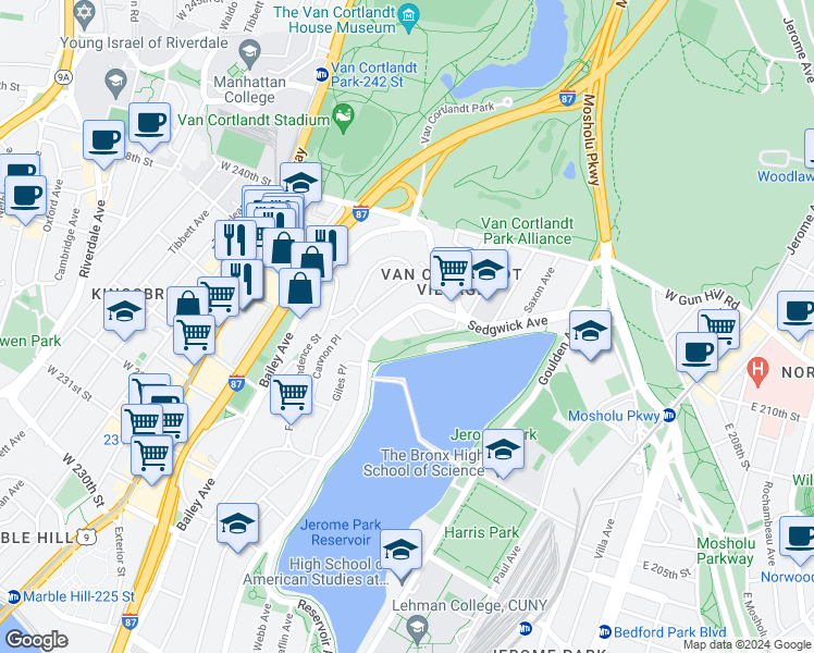 map of restaurants, bars, coffee shops, grocery stores, and more near 3850 Sedgwick Avenue in The Bronx