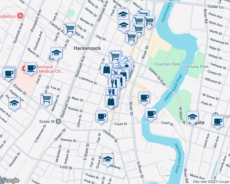 map of restaurants, bars, coffee shops, grocery stores, and more near 102 State Street in Hackensack