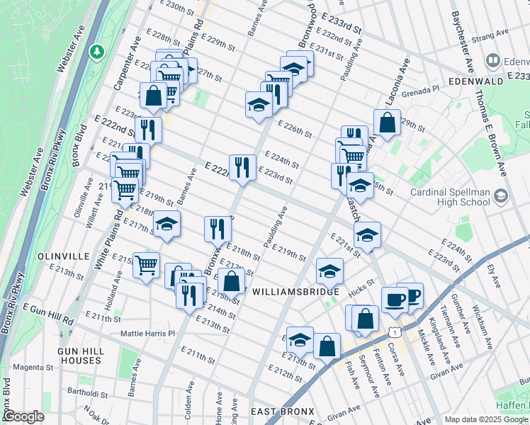 map of restaurants, bars, coffee shops, grocery stores, and more near in The Bronx