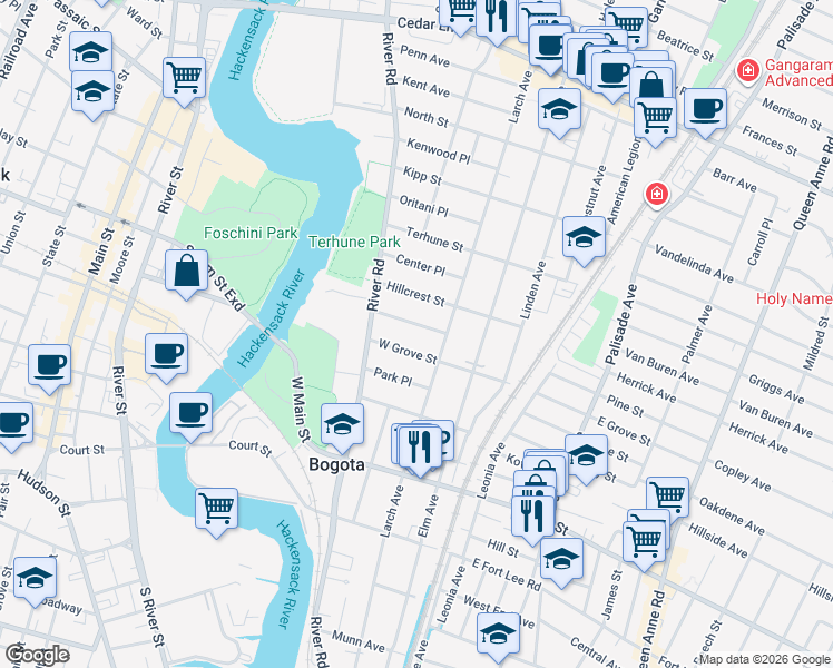 map of restaurants, bars, coffee shops, grocery stores, and more near 482 Larch Avenue in Bogota