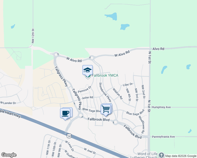 map of restaurants, bars, coffee shops, grocery stores, and more near 595 Penrose Drive in Lincoln