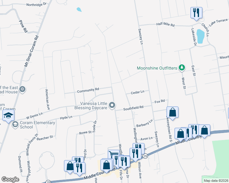 map of restaurants, bars, coffee shops, grocery stores, and more near 61 Westfield Road in Coram