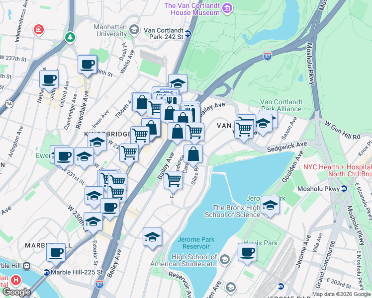 map of restaurants, bars, coffee shops, grocery stores, and more near 3489 Fort Independence Street in Bronx