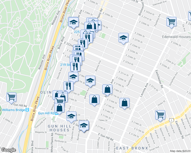 map of restaurants, bars, coffee shops, grocery stores, and more near 3768 Barnes Avenue in Bronx