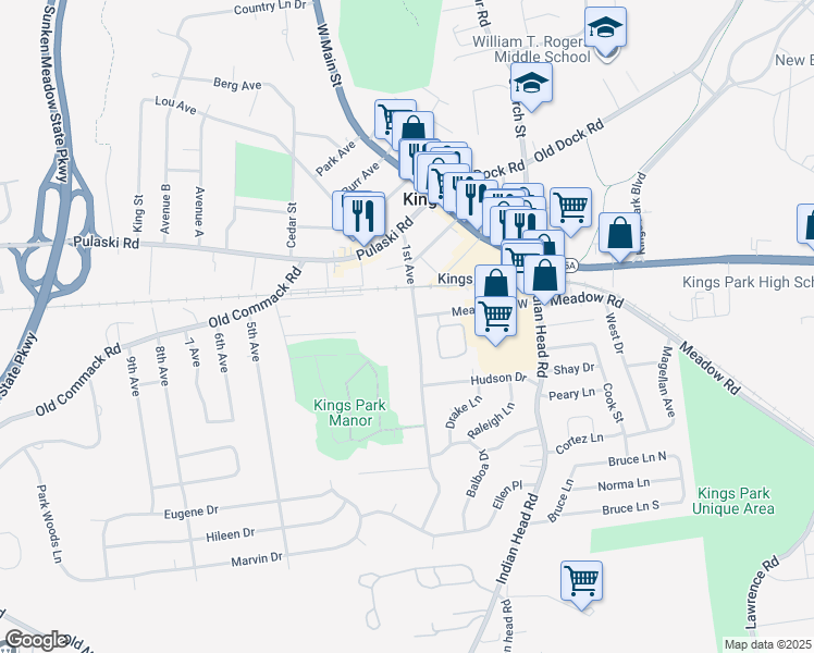 map of restaurants, bars, coffee shops, grocery stores, and more near 72 1st Avenue in Kings Park