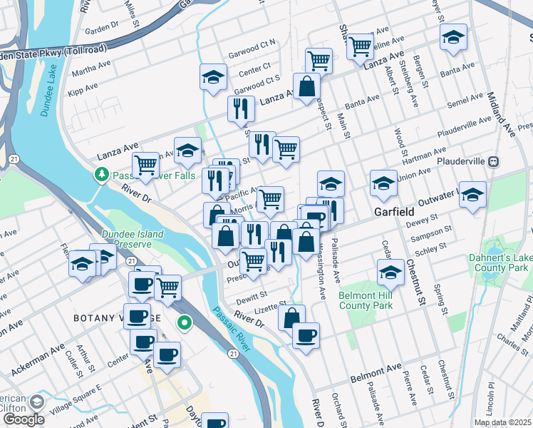 map of restaurants, bars, coffee shops, grocery stores, and more near 85 Columbus Avenue in Garfield