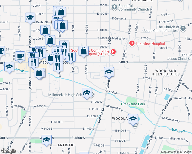 map of restaurants, bars, coffee shops, grocery stores, and more near 275 East Peach Lane in Bountiful