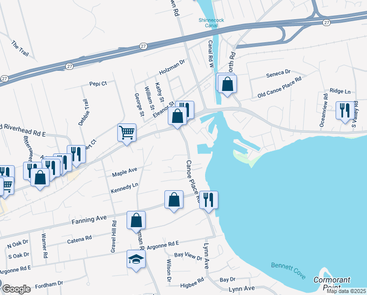 map of restaurants, bars, coffee shops, grocery stores, and more near 12 Canoe Place Road in Hampton Bays