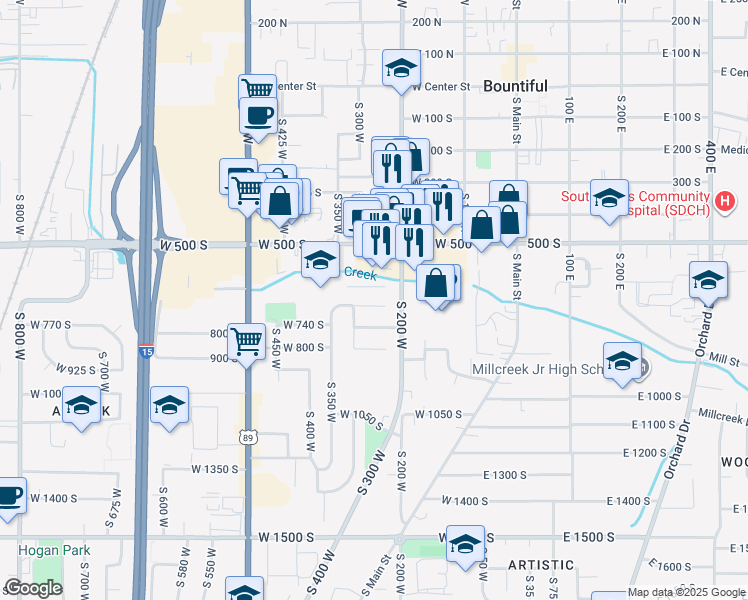 map of restaurants, bars, coffee shops, grocery stores, and more near 254 West 650 South in Bountiful