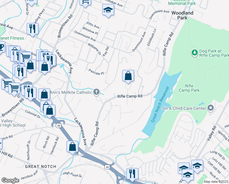 map of restaurants, bars, coffee shops, grocery stores, and more near 756 Rifle Camp Road in Woodland Park