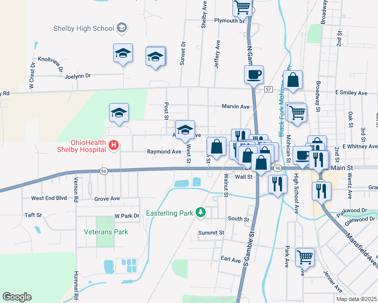 map of restaurants, bars, coffee shops, grocery stores, and more near in Shelby