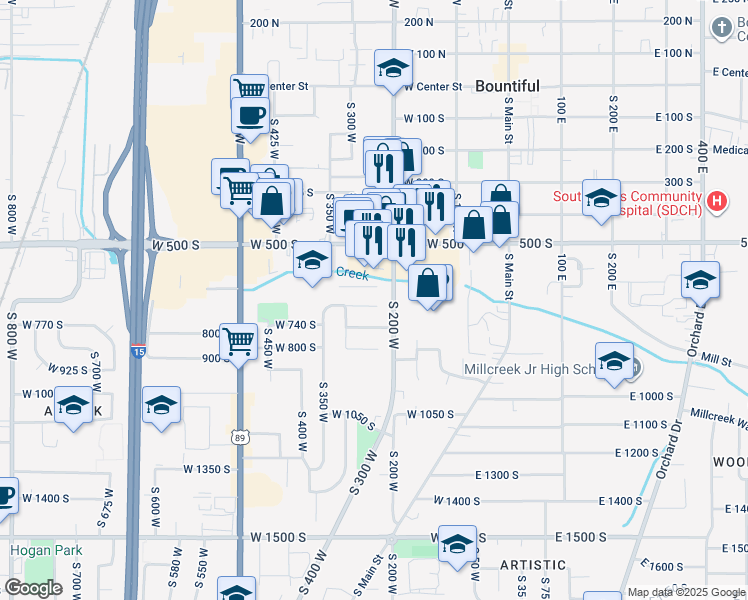 map of restaurants, bars, coffee shops, grocery stores, and more near 234-240 West 650 South in Bountiful