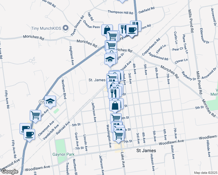 map of restaurants, bars, coffee shops, grocery stores, and more near 476 Lake Avenue in Saint James