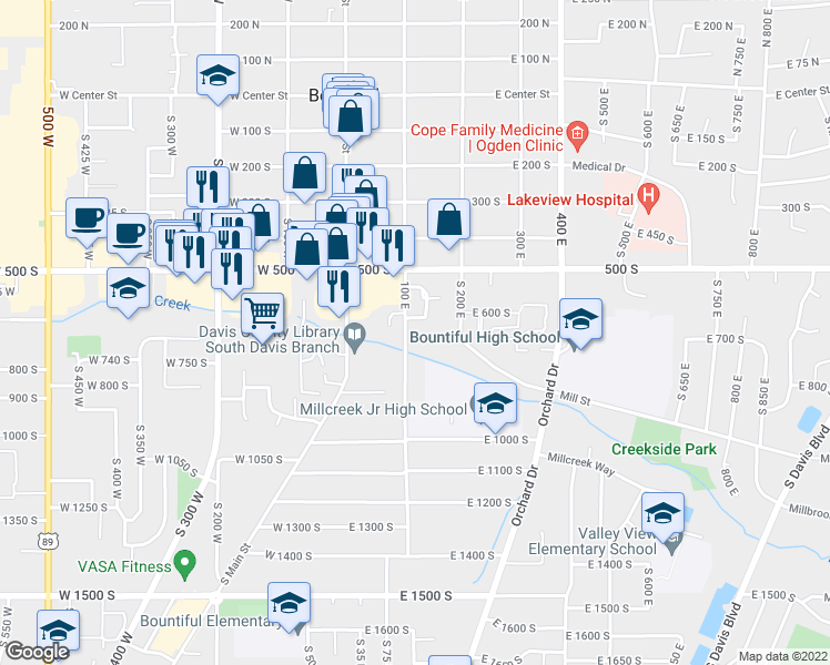 map of restaurants, bars, coffee shops, grocery stores, and more near 603 100 East in Bountiful