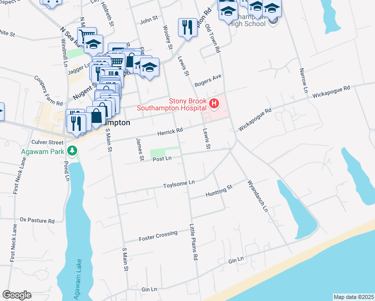 map of restaurants, bars, coffee shops, grocery stores, and more near 15 Old Town Crossing in Southampton