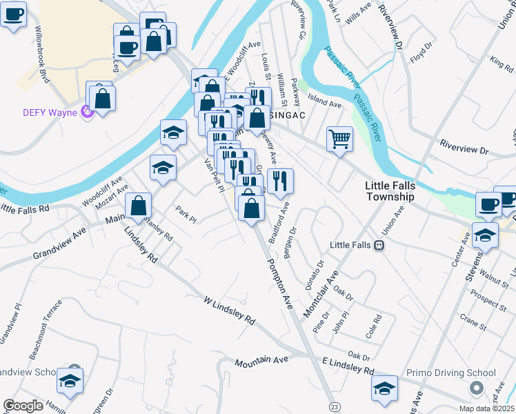 map of restaurants, bars, coffee shops, grocery stores, and more near 3 Strickland Avenue in Little Falls