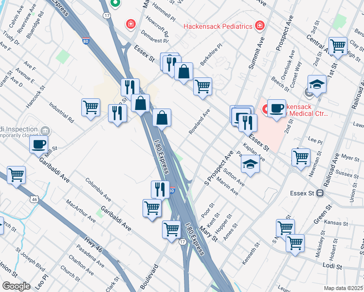 map of restaurants, bars, coffee shops, grocery stores, and more near 434 Marvin Avenue in Hackensack