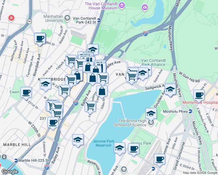 map of restaurants, bars, coffee shops, grocery stores, and more near 3821 Sedgwick Avenue in Bronx
