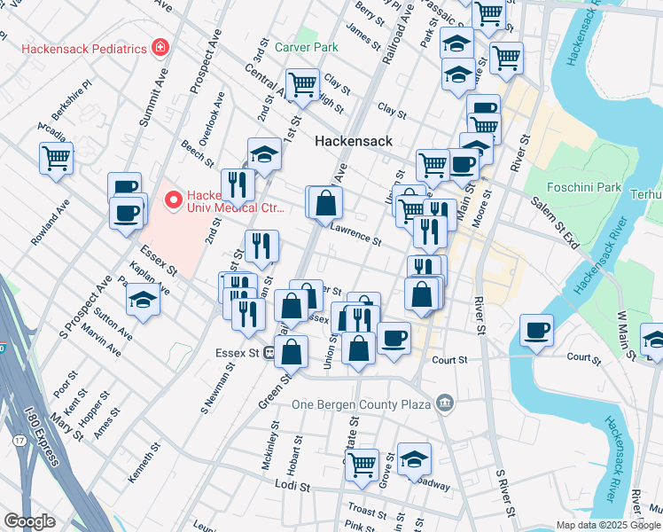 map of restaurants, bars, coffee shops, grocery stores, and more near 125 Atlantic Street in Hackensack