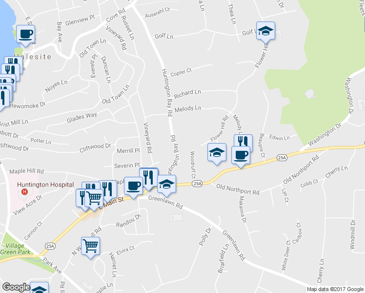 map of restaurants, bars, coffee shops, grocery stores, and more near 34 Huntington Bay Road in Huntington