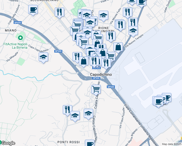 map of restaurants, bars, coffee shops, grocery stores, and more near 6-18 Via Comunale Vecchia di Miano in Napoli