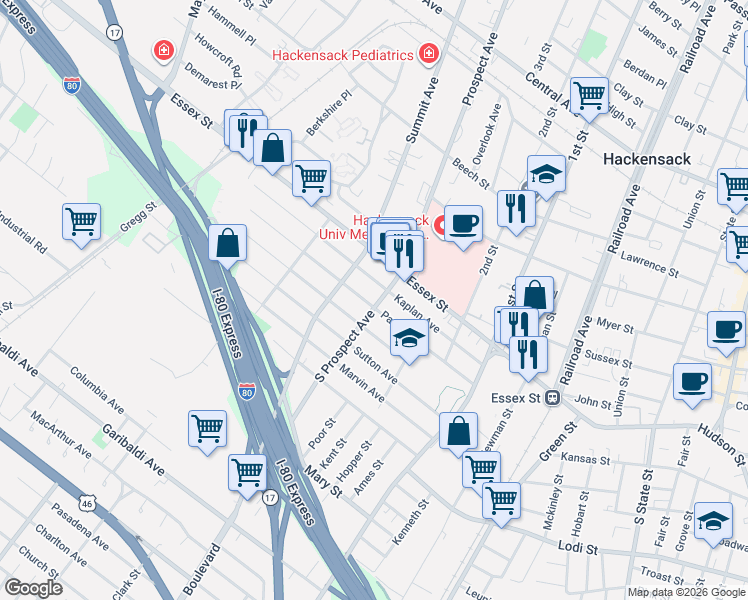 map of restaurants, bars, coffee shops, grocery stores, and more near 35 South Prospect Avenue in Hackensack