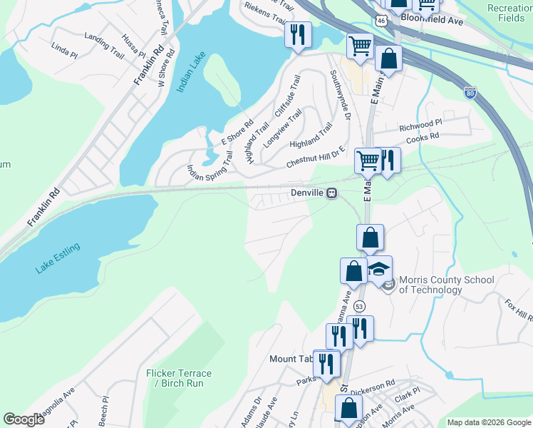 map of restaurants, bars, coffee shops, grocery stores, and more near 41 Estling Lake Road in Denville