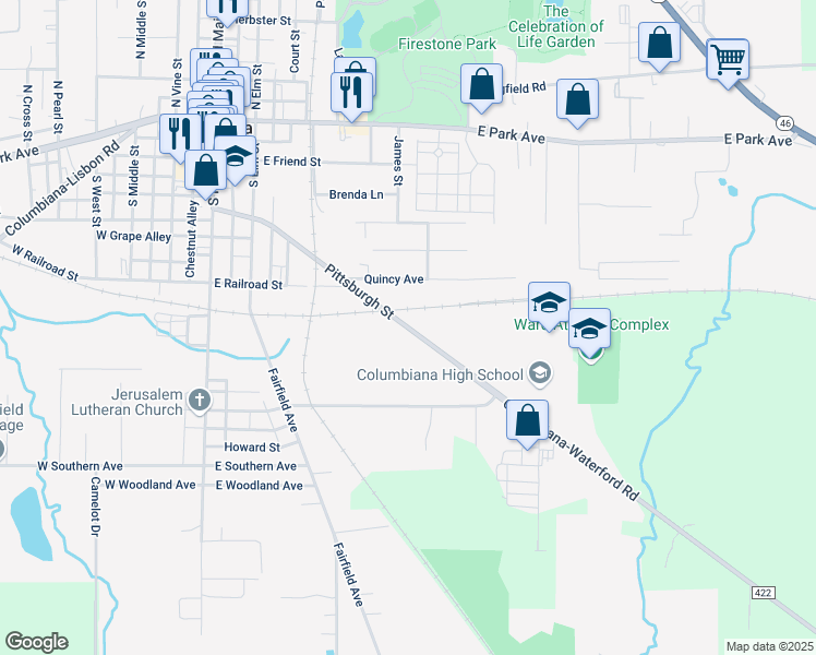 map of restaurants, bars, coffee shops, grocery stores, and more near 540 Pittsburgh Street in Columbiana