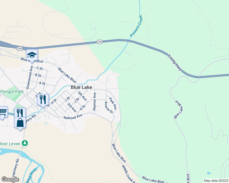 map of restaurants, bars, coffee shops, grocery stores, and more near 811 Blue Lake Boulevard in Blue Lake