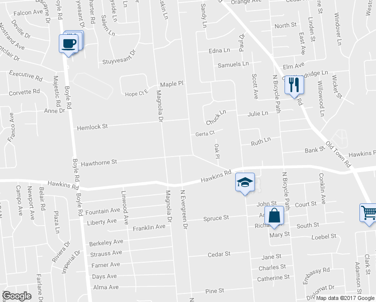 map of restaurants, bars, coffee shops, grocery stores, and more near 9 Hawthorne Street in Selden