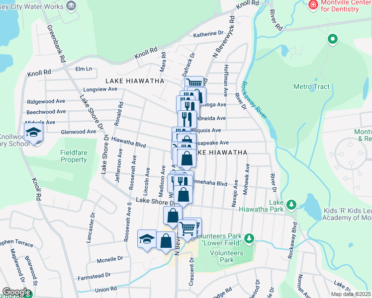 map of restaurants, bars, coffee shops, grocery stores, and more near 100 North Beverwyck Road in Parsippany-Troy Hills