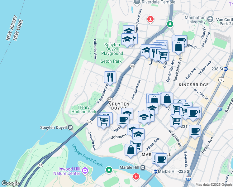 map of restaurants, bars, coffee shops, grocery stores, and more near 2728 Henry Hudson Parkway in Bronx