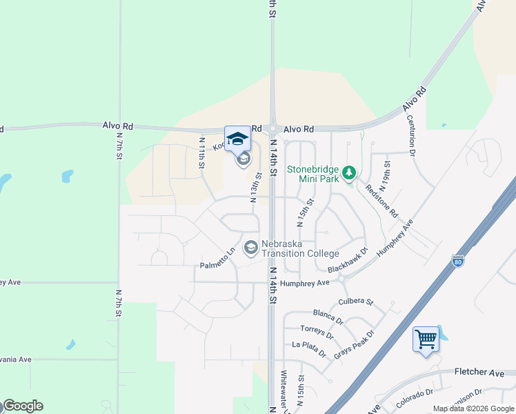 map of restaurants, bars, coffee shops, grocery stores, and more near 7050 North 13th Street in Lincoln