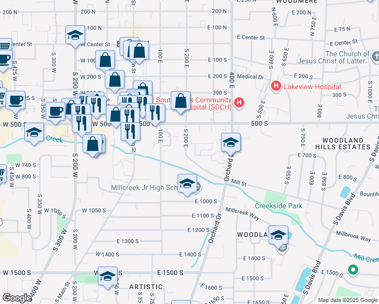 map of restaurants, bars, coffee shops, grocery stores, and more near 649 South 200 East in Bountiful