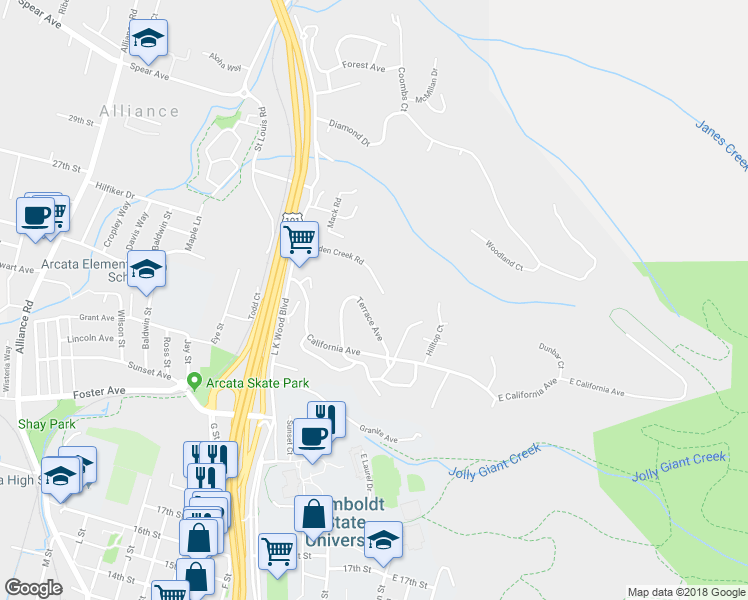 map of restaurants, bars, coffee shops, grocery stores, and more near 777 Hidden Creek Road in Arcata